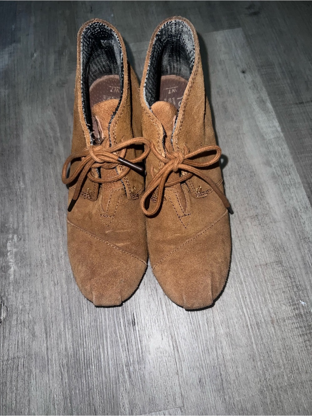 TOMS Chestnut Suede Wedge Booties with Blue Logo Tabs 7